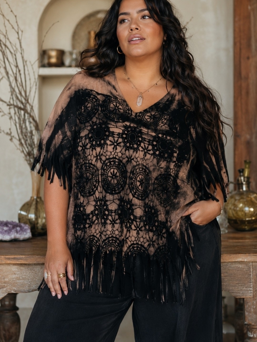 Hand Crafted Black and Brown Tie-Dye Lace Fringe Short Sleeve Top